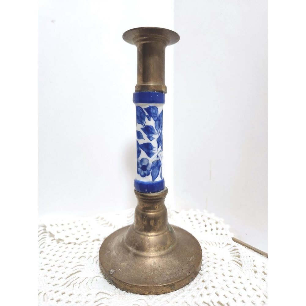 Blue Delft Ceramic Brass Candle Holder - 7.5" Home Decor